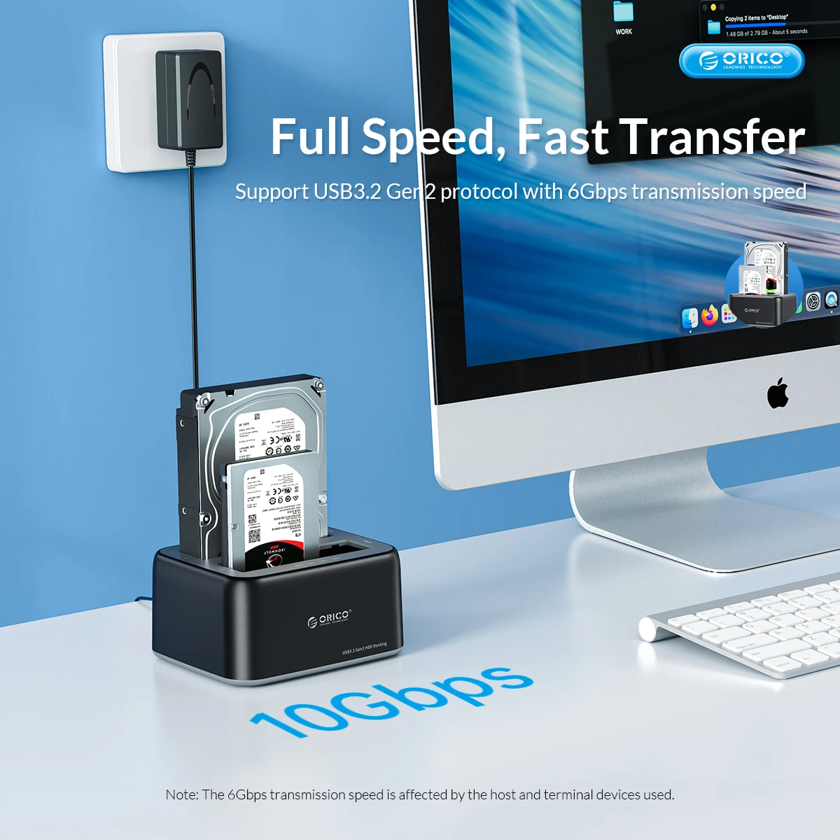 ORICO Estación de acoplamiento para disco duro 2,5/3,5 pulgadas SATA a tipo C USB3.2 10Gbps Gen2 HDD Case con fuente de alimentación clonada sin conexión 12V3A