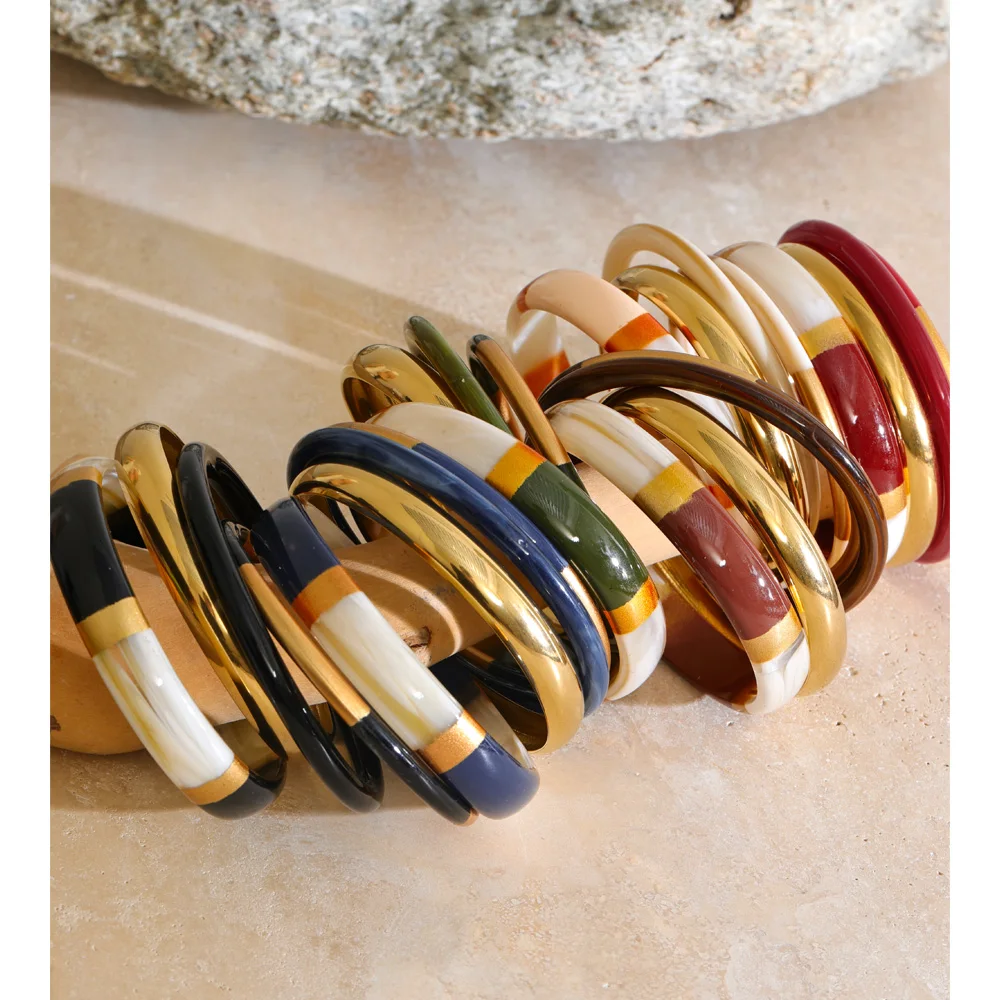 Yhpup 65mm 1 Juego de Pulseras Redondas de Acero Inoxidable y Resina, Multicolor, Joyería de Moda para Otoño e Invierno, Resistente al Agua