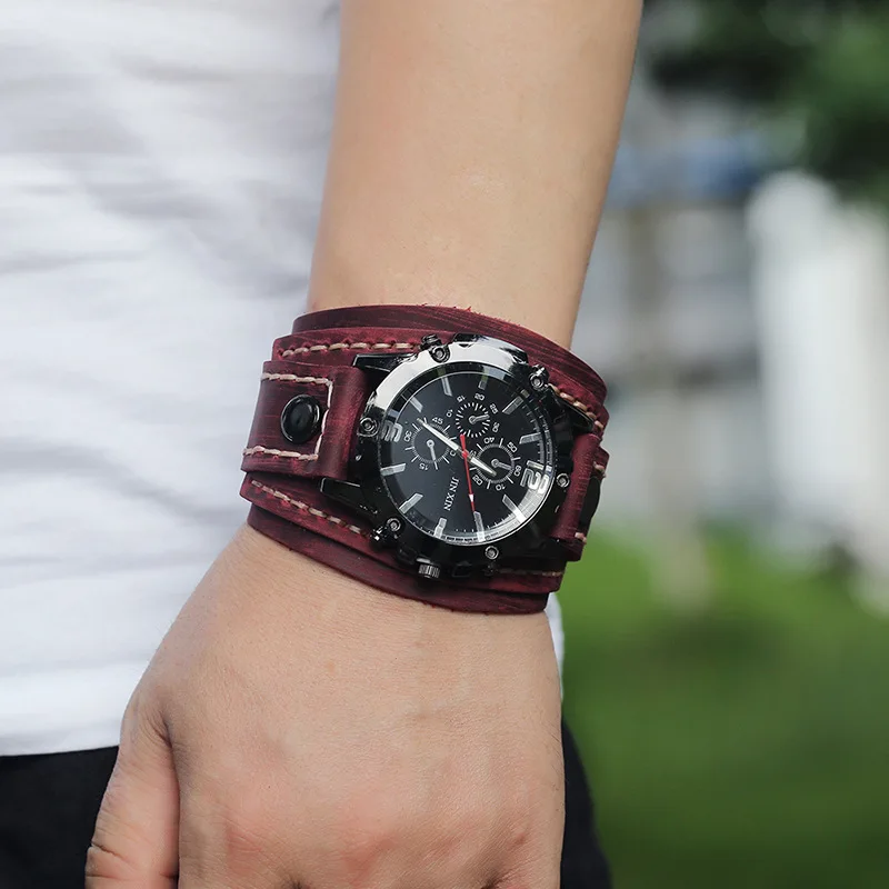 Relojes de cuarzo para hombre, reloj de pulsera de lujo 2024, correa de reloj de piel de vaca, reloj de estilo Punk para hombres, pulseras anchas de cuero genuino