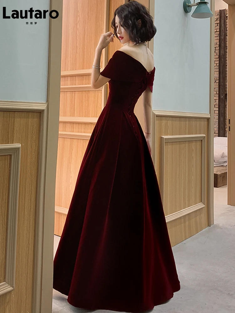 Lautaro primavera largo de lujo elegante vino rojo suave terciopelo fiesta de noche vestidos de boda para mujeres 2022 vestido Maxi con hombros descubiertos