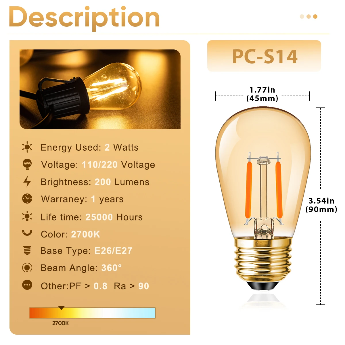 Plástico S14 bombilla Led E27 220V E26 110V atenuador 2W blanco cálido inastillable al aire libre Vintage para cadena de luces decoración de jardín