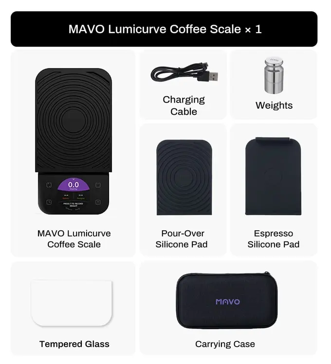 Báscula Inteligente para Café MAVO Lumicurve, Precisión de 0,1g, Báscula Digital para Espresso con Temporizador y Pantalla de Flujo para Café Pour Over