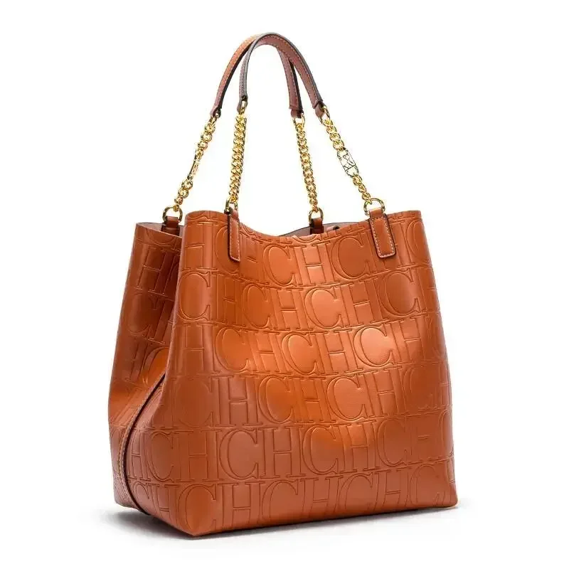 Bolso Tote CH para Mujer, Bolso de Mano de Diseñador de Lujo, Bolso de Hombro de Cuero Repujado a la Moda, Elegante Bolso Tote con Cadena Dorada para Uso Diario
