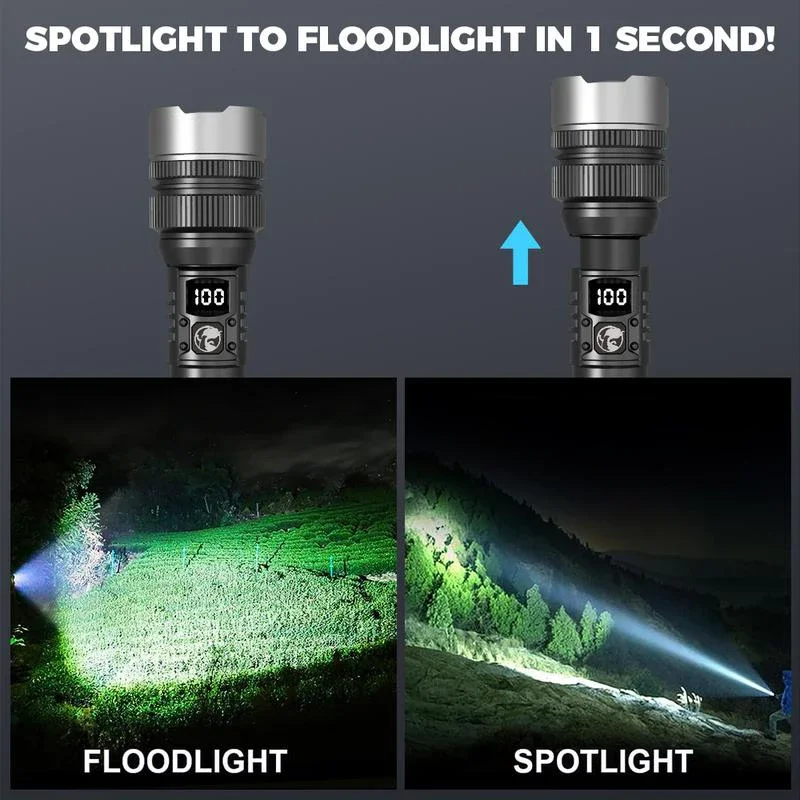 Linterna LED Súper Brillante Lenovo 1000000LM Recargable USB-C con Pantalla Digital, Resistente al Agua IPX8, Larga Duración, para Camping y Emergencias