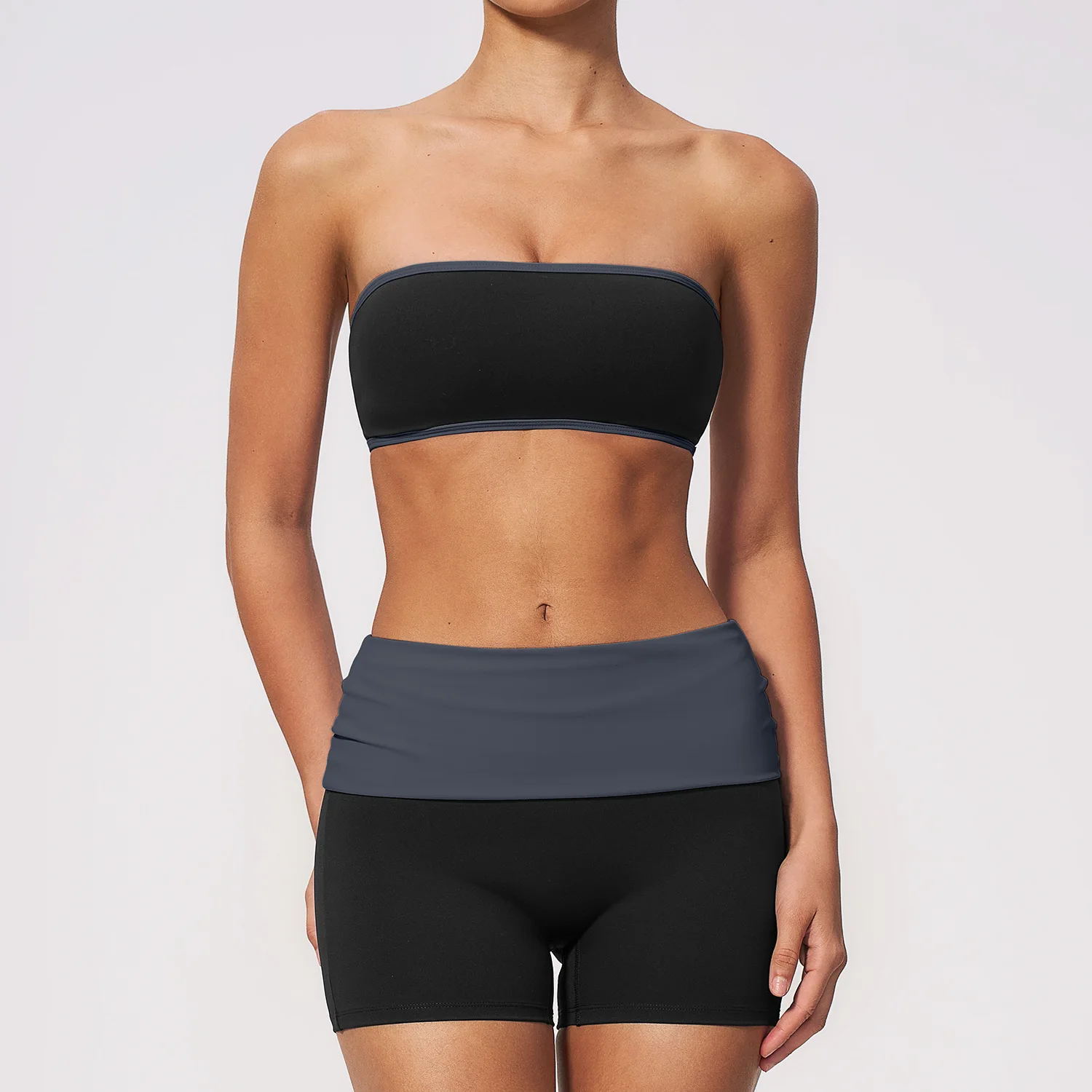 Ropa de Gimnasio, Conjunto Deportivo de 2 Piezas para Mujer, Traje Deportivo, Sujetador Deportivo sin Tirantes, Conjunto de Yoga, Pantalones Cortos con Cintura Plegable, Ropa Deportiva para Correr y Fitness