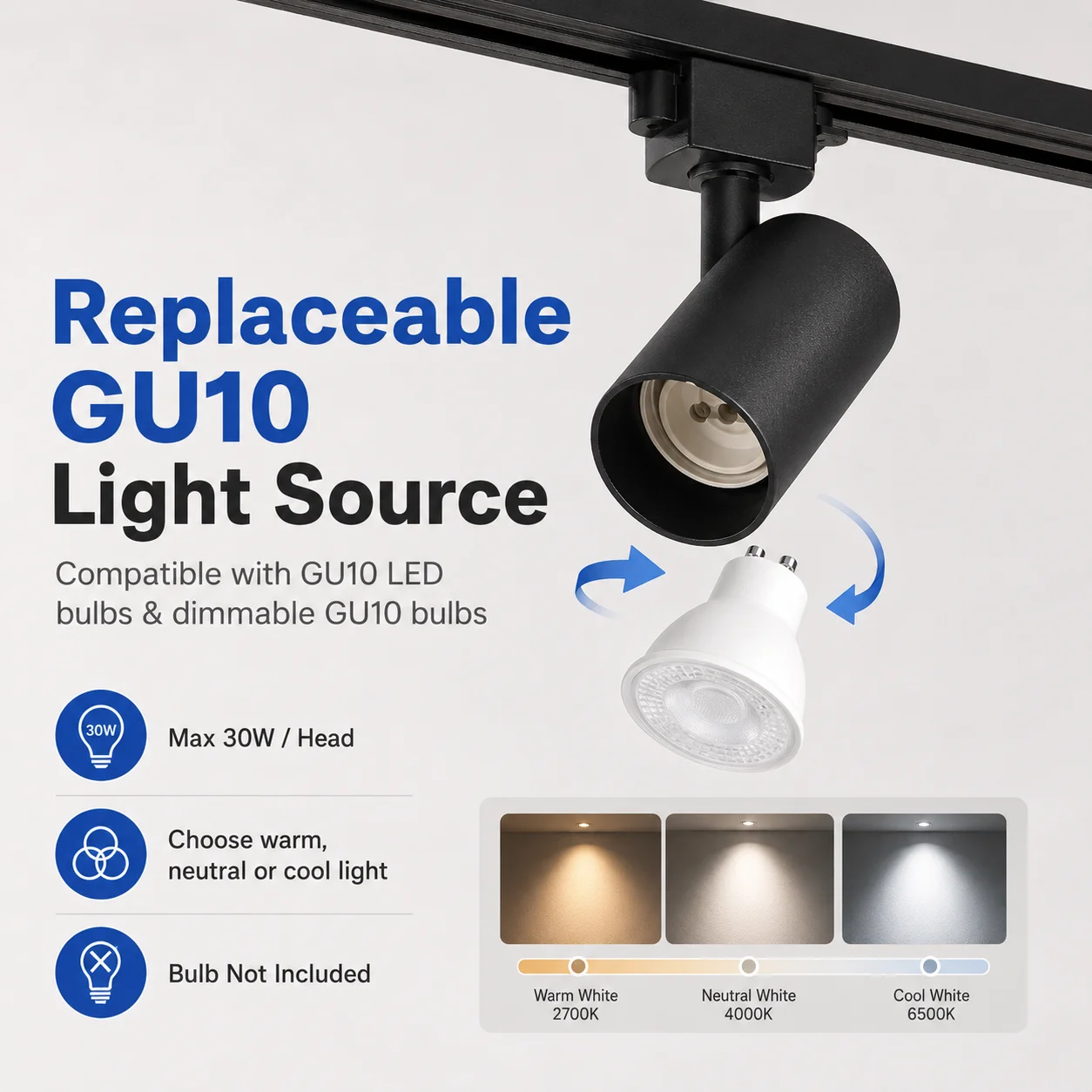Juego completo de luces Led para riel de techo, foco de fuente de luz GU10 reemplazable para sala de estar y dormitorio, lámpara Led para riel