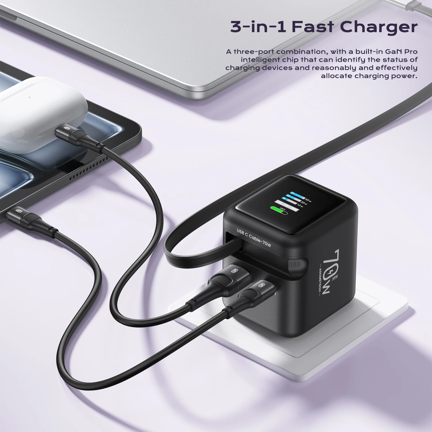 Cargador rápido GaN de 70W con Cable retráctil tipo C 3 en 1 PD3.0 QC4.0 PPS carga rápida para IPhone 16 15 14 Xiaomi Tablet Laptop