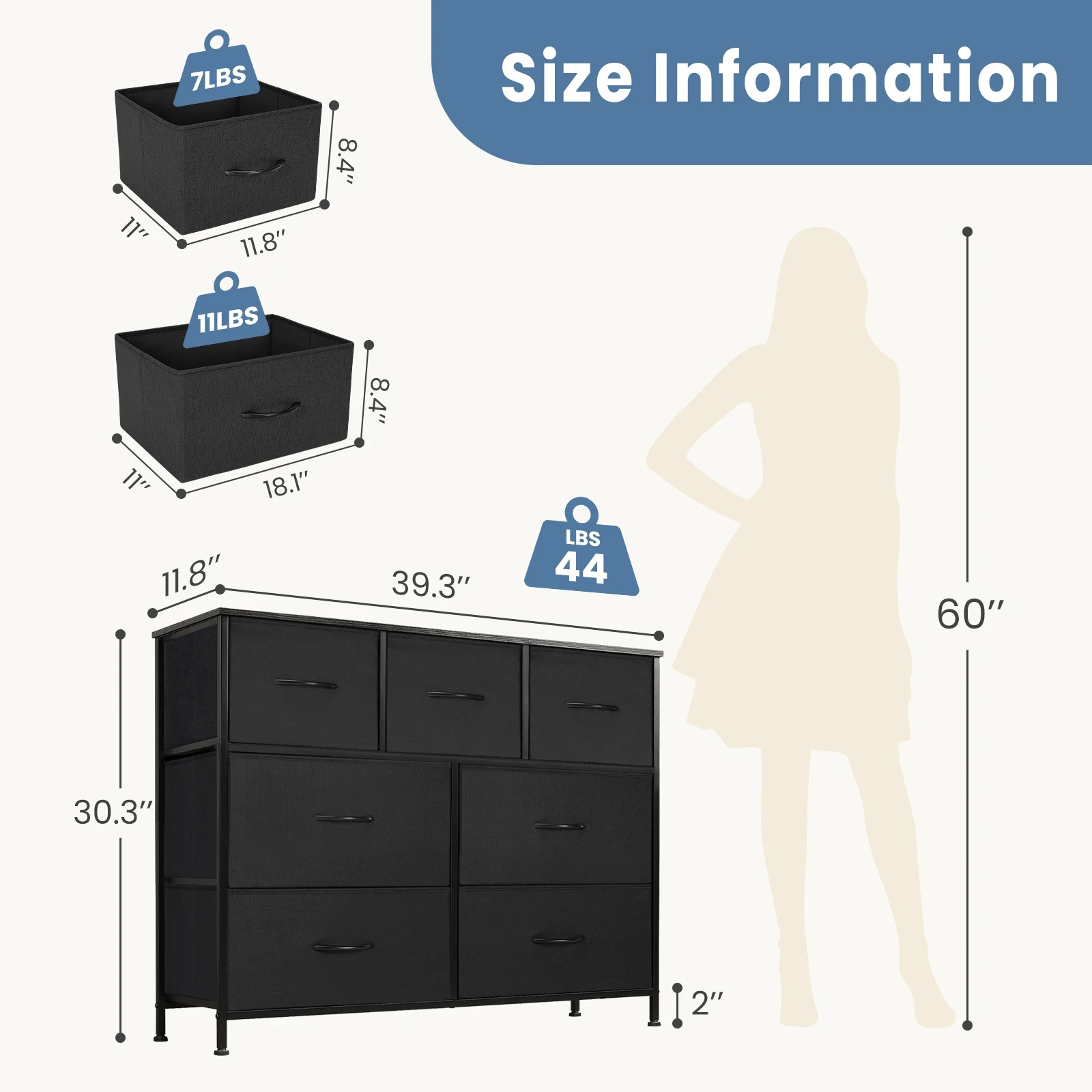 JHK Desser para dormitorio con 7 cajones de tela, organizador, armario de almacenamiento, pecho, ropa para sala de estar, vitrina de muebles