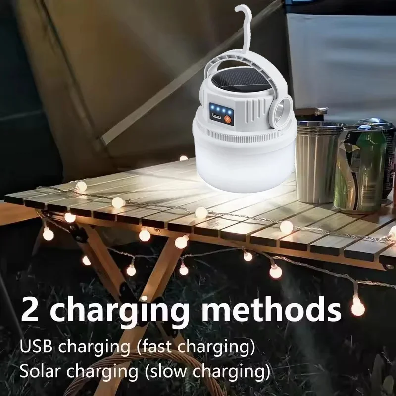 Lámpara LED Solar de Doble Carga para Camping, Impermeable, Multifuncional, Linterna para Exteriores con Gancho para Colgar