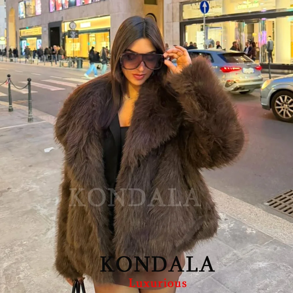 KONDALA, chaquetas informales de piel gruesa marrón para mujer, abrigos de piel sintética de manga larga con cuello en V para otoño e invierno, ropa de calle a la moda 2025