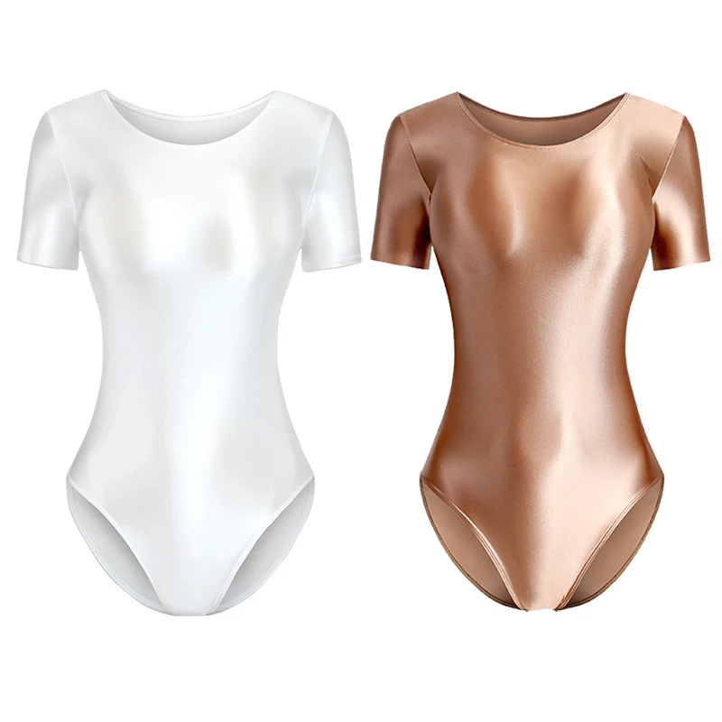 Bañador japonés de una pieza para hombre y mujer, traje de baño sexy, brillante y sedoso, medias aceitosas, ropa moldeadora de manga corta