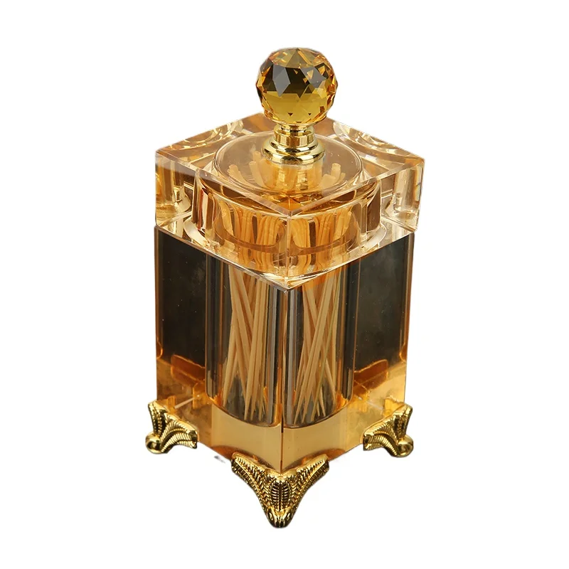 Caja de palillos de dientes de cristal alta nórdica con tapa, recipiente de almacenamiento para mesa de comedor, hisopo de algodón transparente ámbar de lujo