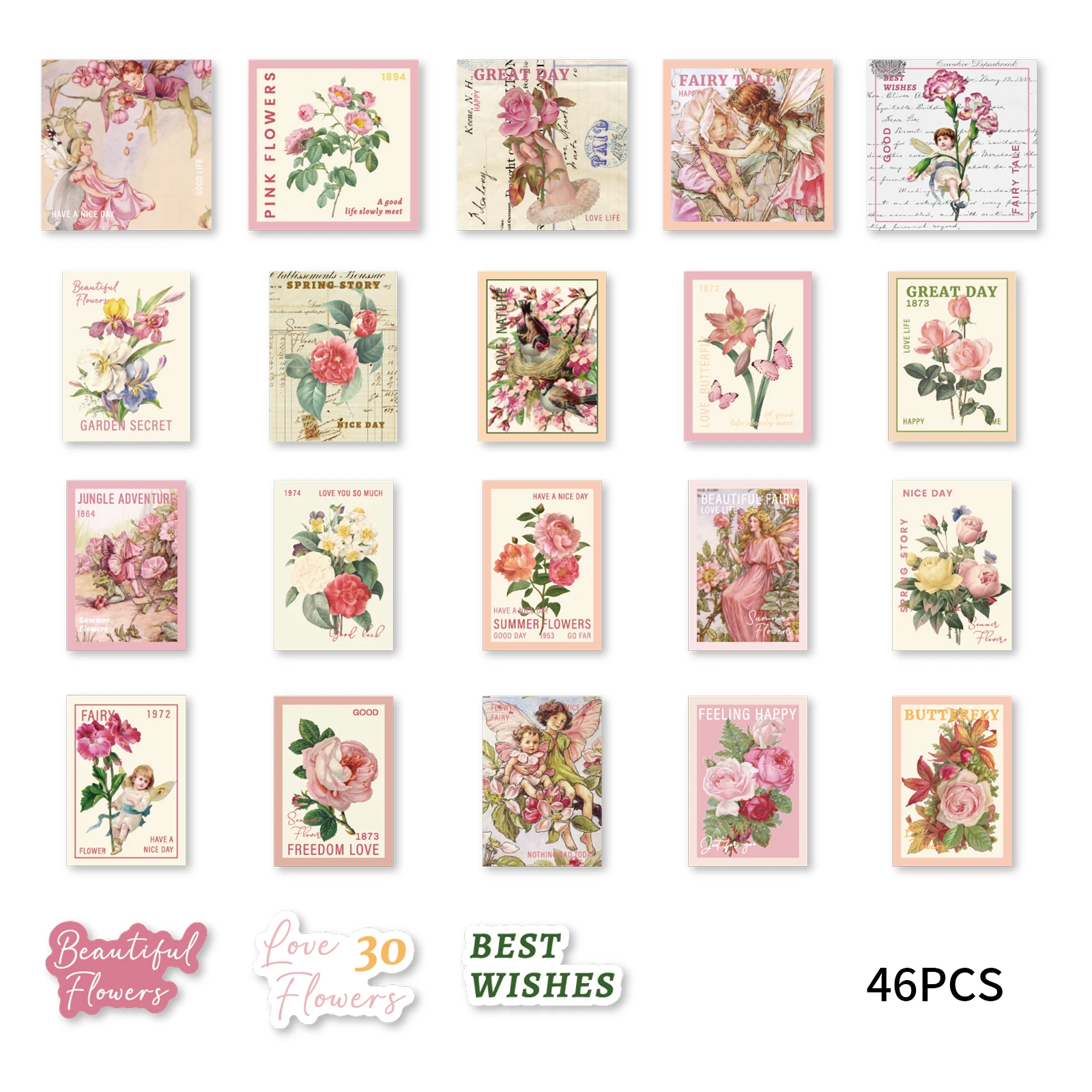 46 Uds. De pegatinas de grafiti Vintage de rosas, hadas y pájaros, cuaderno decorado, taza de agua, maleta, guitarra, juguete clásico, álbum de recortes, calcomanía DIY