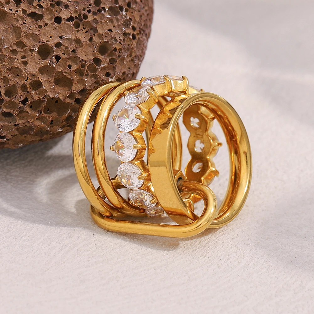 E.B.belle, anillos de circón de lujo de capas múltiples no fijas, chapado en oro de 18 quilates, joyería de dedo de boda para fiesta de moda de acero inoxidable