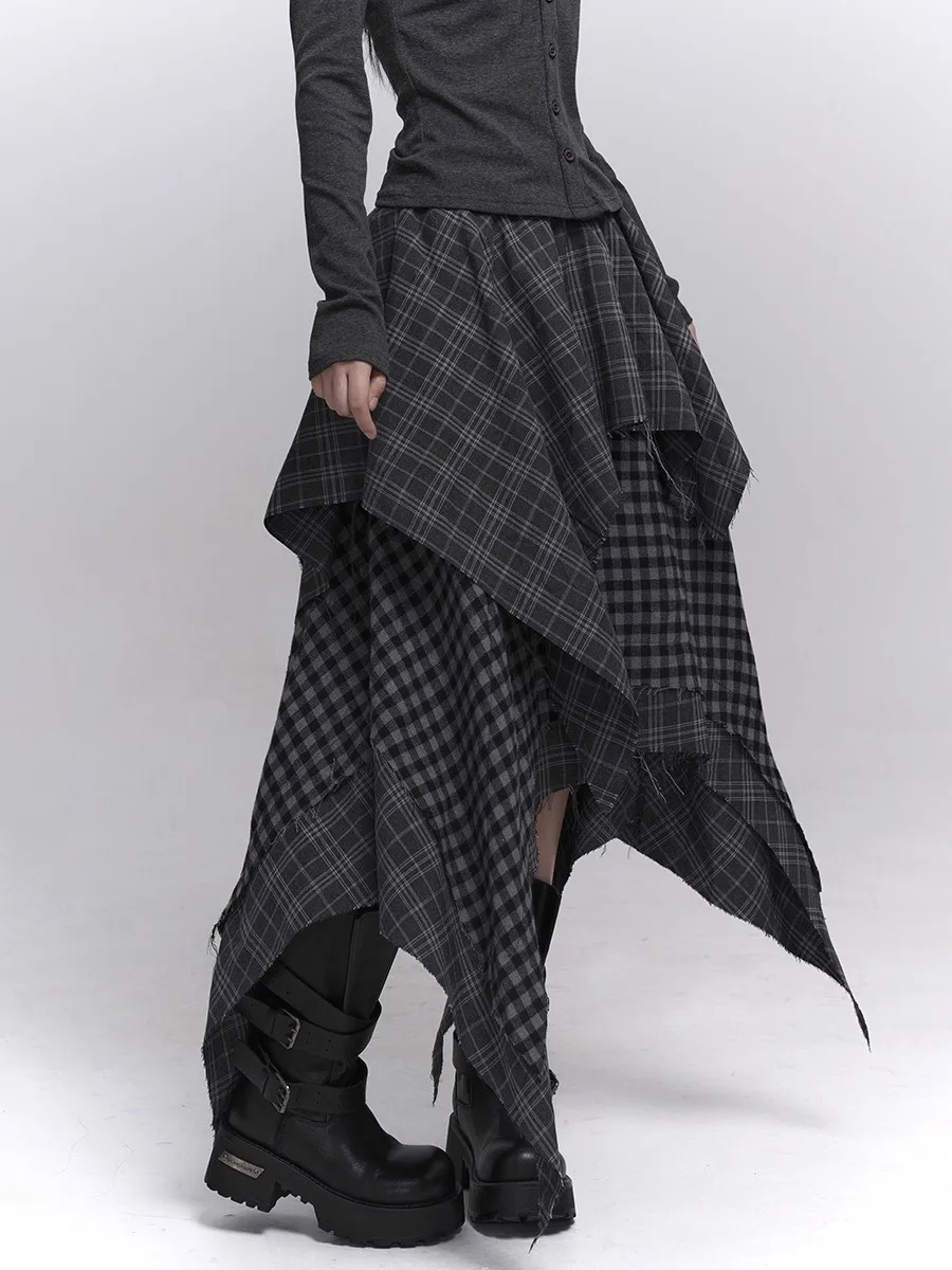 REDDACHiC Acubi falda asimétrica a cuadros a la moda Alt Goth cintura elástica puntada borde crudo falda larga fluida de talla grande pantalones de mujer