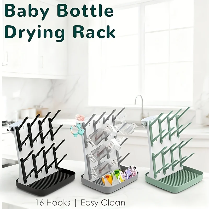 Estante vertical para secar botellas, secador vertical con 18 ganchos, organizador de cocina que ahorra espacio para botellas, cepillos y piezas de bomba, 1 unidad