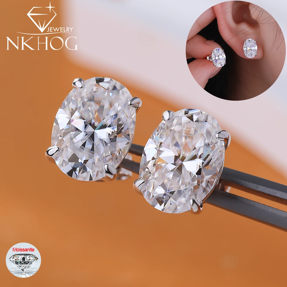 NKHOG-pendientes ovalados de moissanita de 1-4CT, pendientes de plata S925 con diamantes brillantes para mujeres y hombres, joyería chapada en 18K para boda GRA