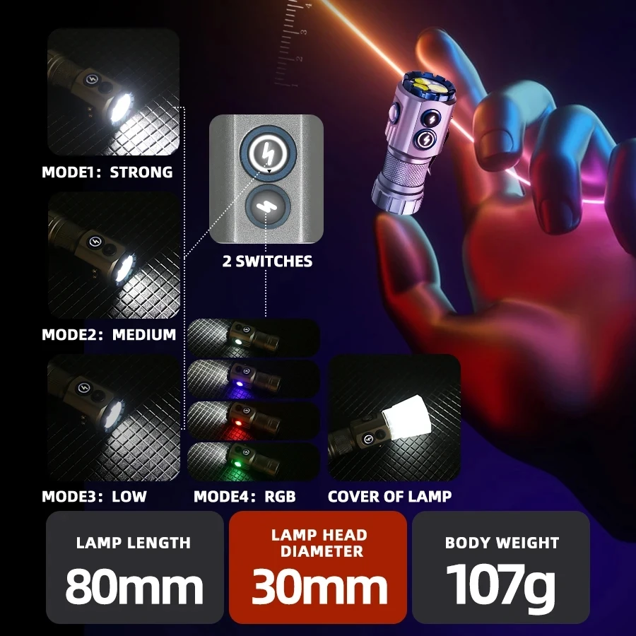 Potente linterna EDC de 2000LM tipo c, linterna LED portátil recargable, lámpara lateral RGB con imán trasero para acampar y hacer senderismo