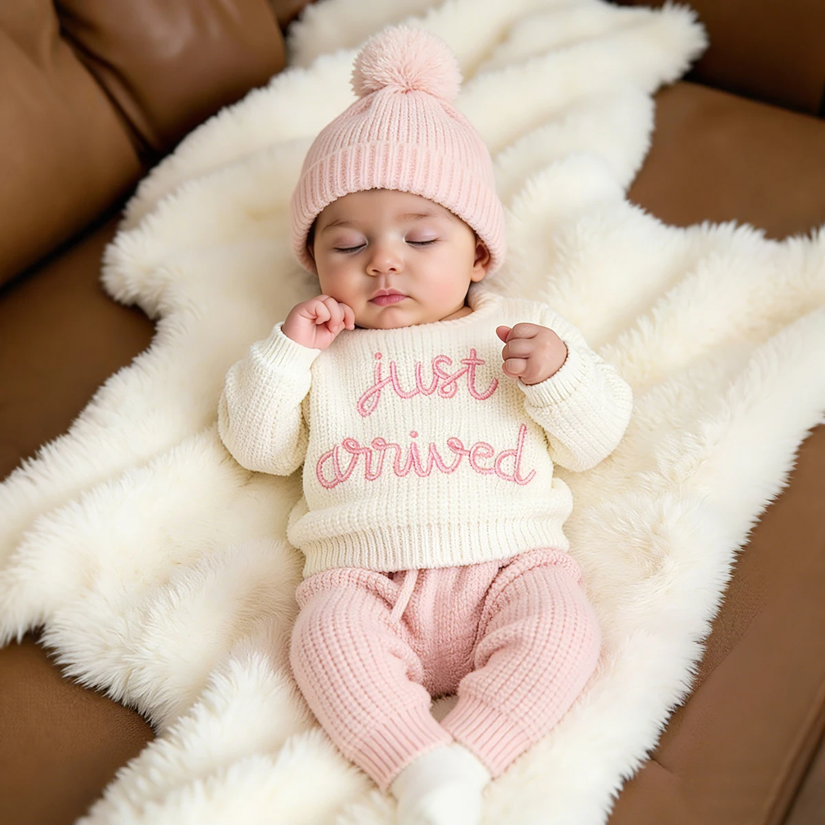 Ylsteed - Conjunto de 3 Piezas de Ropa de Punto para Fotografía de Recién Nacidos, Bordado 'Just Arrived', Color Caqui, Suéter para Bebé, Regalo para Baby Shower
