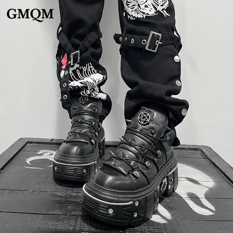 GMQM 2025, botines de plataforma plana para mujer, estilo Rock Punk, zapatillas de deporte negras de tacón alto, botines de suela gruesa con punta redonda, decoración de Metal Y2k