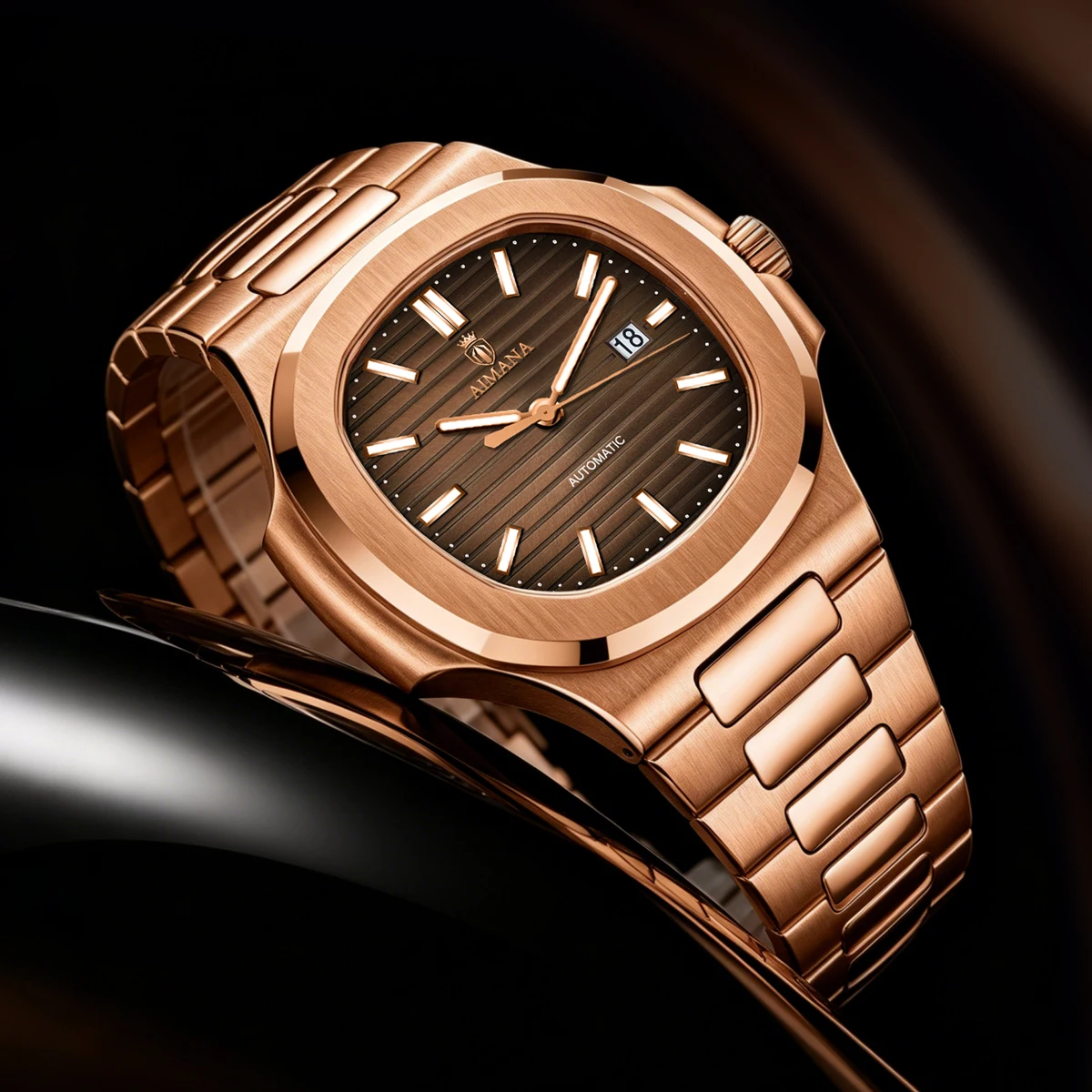 Reloj automático AIMANA de lujo para hombre, correa de acero inoxidable, resistente al agua, calendario luminoso con fecha, estilo Nautilus, color oro rosa, para negocios
