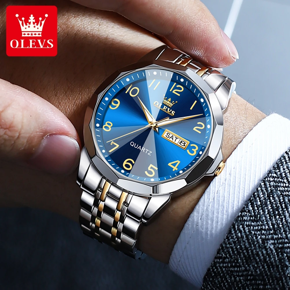 OLEVS 9970 reloj para hombre marca Original reloj de cuarzo luminoso resistente al agua espejo rombo reloj de acero inoxidable con fecha y día con caja