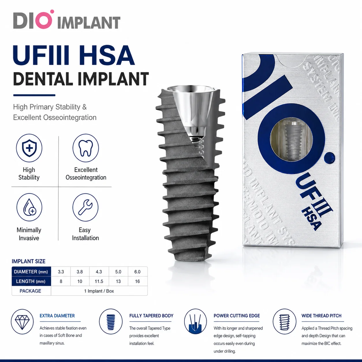 Implante Dental DIO UFIII HSA, Tipo Hexagonal Interno Sumergido, Grado 4, Titanio, Superficie SLA, para Cirugía Dental