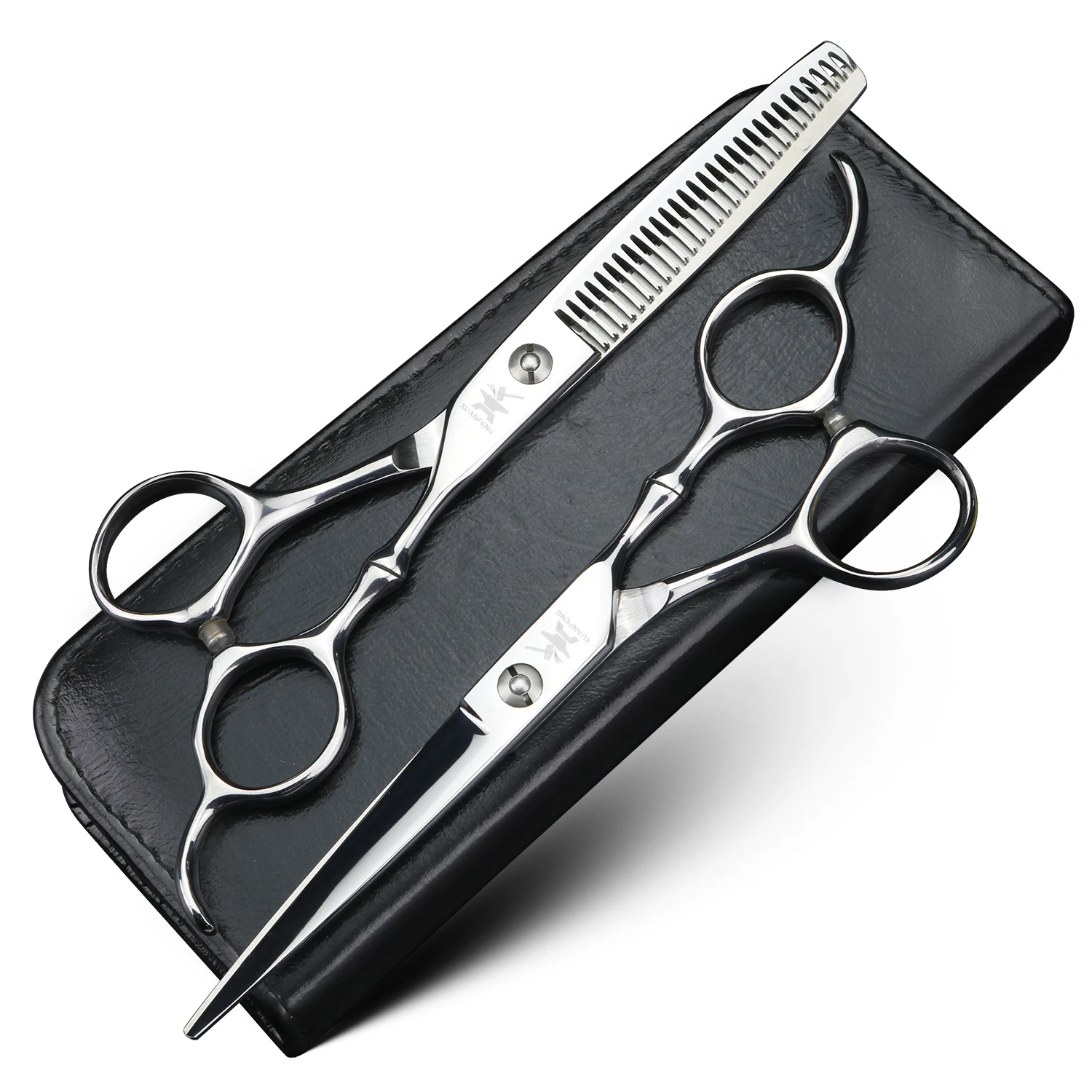 XUANFENG-Tijeras para el cabello con mango plateado, tornillos dorados de acero 9cr18, tijeras de corte y juego de tijeras de adelgazamiento para peluquero de 6 pulgadas