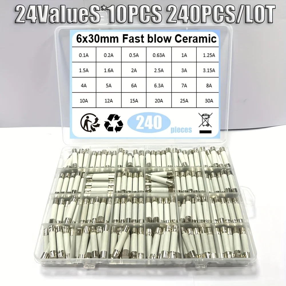 240 unids/caja 24 valores 6x30mm fusible cerámico de soplado rápido 250V 0.1A 0.2A 0.5A 1A 1.5A 2A 2.5A 3A 3.15A 4A 5A 6A 10A 15A 20A 25A30A