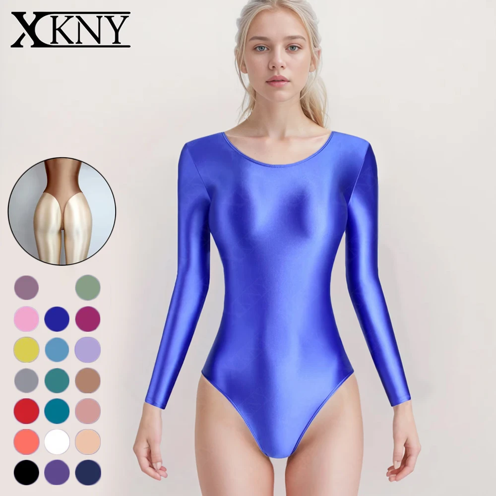 Traje de baño XClocKNYoung de satén brillante con corte en T, de manga larga y corte alto, para yoga y gimnasia, estilo seda.