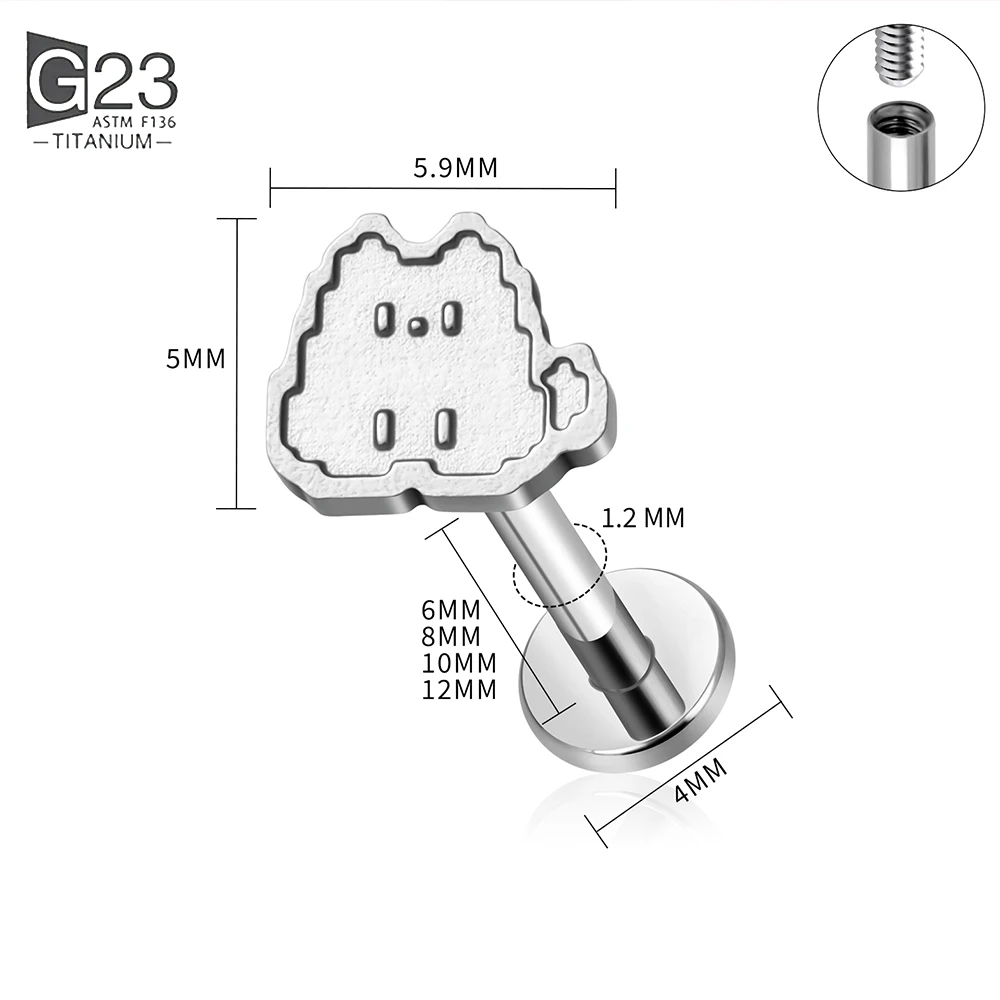 Piercing de Titanio G23 ASTM F136 con Rosca Interna, Diseño Gráfico Pixelado, para Labret, Tragus, Hélix, Cartílago, Oreja, Labio y Cuerpo
