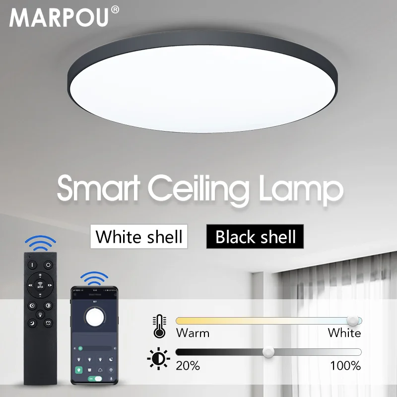 MARPOU Lámpara de techo inteligente, lámpara LED para dormitorio, lámparas de techo grandes, luces LED con control remoto, luces LED regulables para habitación