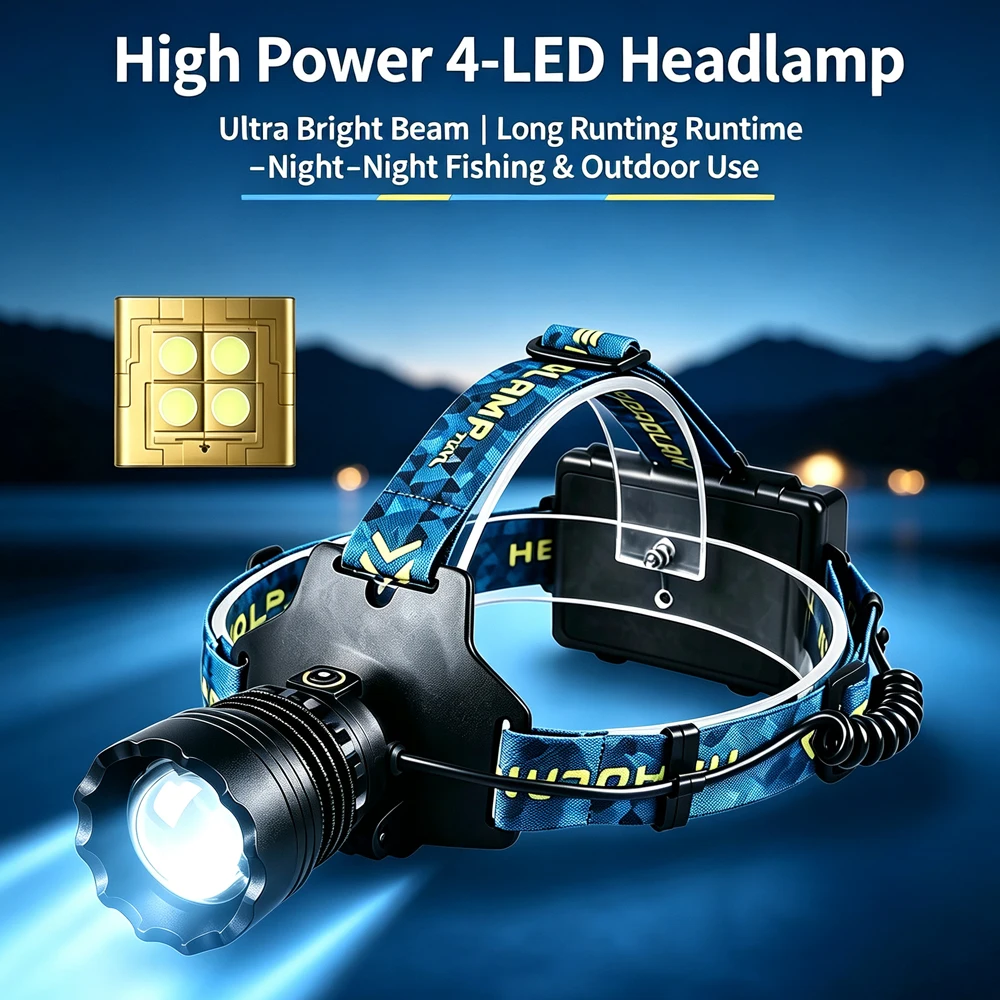 Linterna frontal de alta potencia con 4 LED, foco de largo alcance, lámpara frontal con Zoom telescópico, luz fuerte para acampar al aire libre y pescar