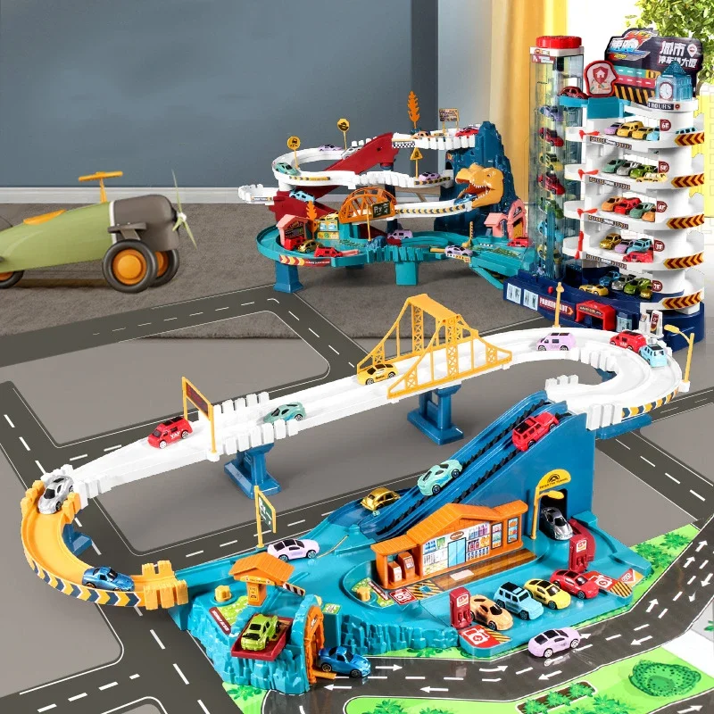 Coche ferroviario eléctrico, edificio de dinosaurios, estacionamiento, coche ferroviario de carreras de aventura, juguetes para niños, coches ferroviarios interactivos mecánicos cerebrales