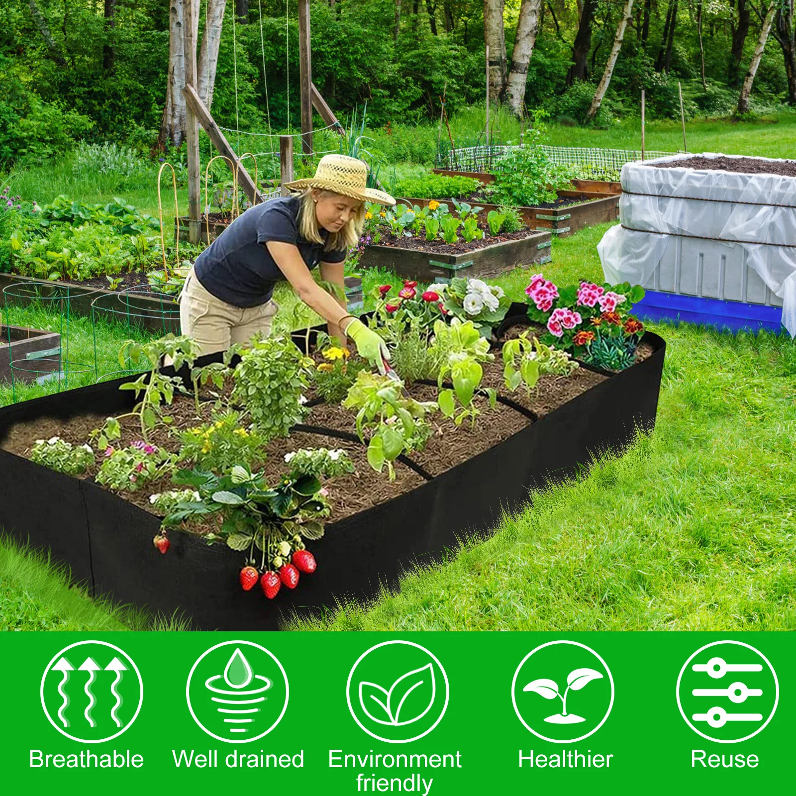 Bolsa para plantar jardín con 4/8 rejillas, contenedor de cama para plantar fresas, verduras y flores, grande, portátil y reutilizable