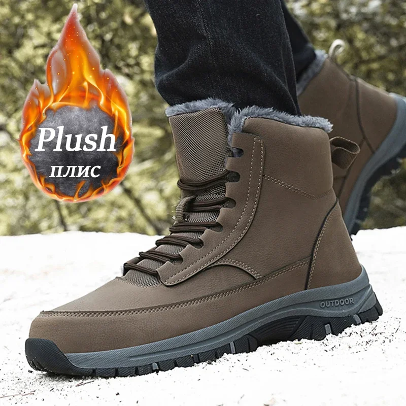 Botas de nieve impermeables para hombre, zapatos de trabajo de cuero, botas súper cálidas para exteriores, senderismo, talla 39-48, Invierno