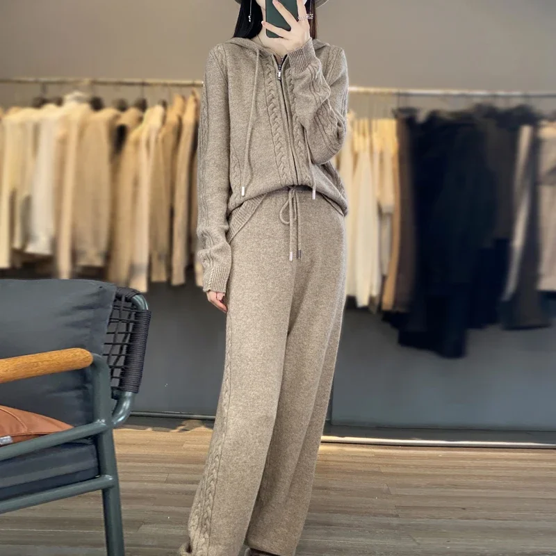 Conjunto de 2 piezas de cárdigan con capucha de cachemira pura para mujer, con diseño de flores trenzadas, suéter holgado y pantalones de pierna ancha, mezcla de lana