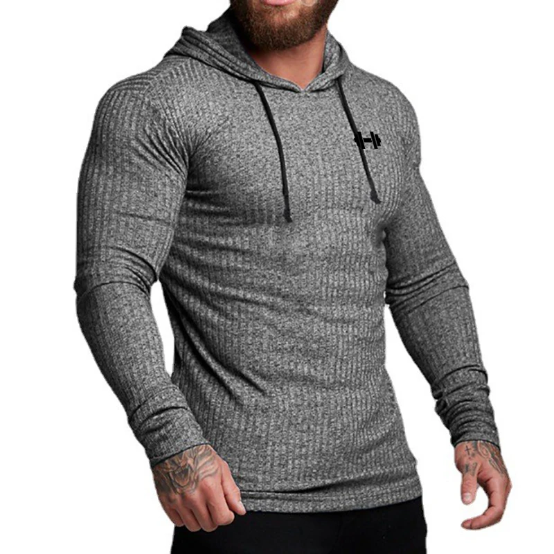Otoño transpirable de secado rápido de punto con capucha camisa hombres Fitness deporte de manga larga Sudadera con capucha gimnasio culturismo músculo Slim Fit jerseys