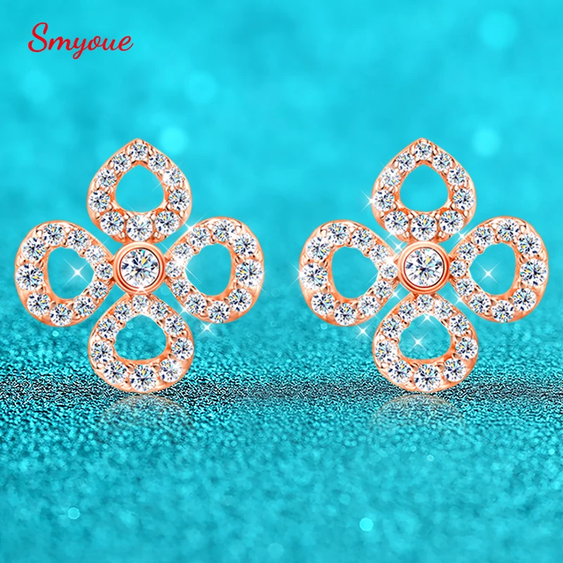 Pendientes de tuerca Smyoue Flower All Moissanite para mujer, con diamantes completos, corte redondo, joyería brillante para niñas, plata pura 925 chapada en oro de 18k