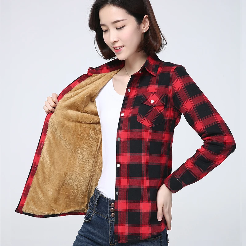 2025 invierno nueva camisa a cuadros cálida para mujer abrigo Casual polar terciopelo más chaqueta gruesa Tops estilo universitario ropa de mujer prendas de vestir exteriores