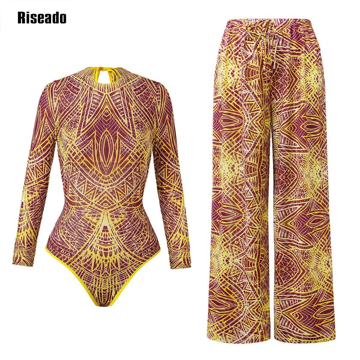 Riseado Traje de baño de malla con pantalones largos y traje de baño Ropa de playa de malla de manga larga Traje de baño sexy de cintura alta Ropa de playa inteligente