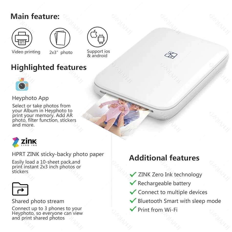 Impresora de bolsillo móvil Mni portátil HPRT MT53, impresora fotográfica inalámbrica BT con tecnología Zink, impresora fotográfica en Color de 2x3 pulgadas