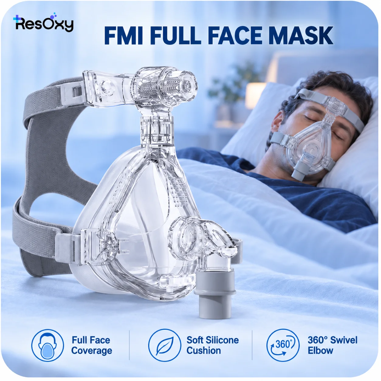 Mascarilla facial completa Resoxy FMI para CPAP, con ajuste en la frente, doble capa, arnés médico de silicona y sistema de liberación rápida, ideal para la apnea del sueño y el ronquido.