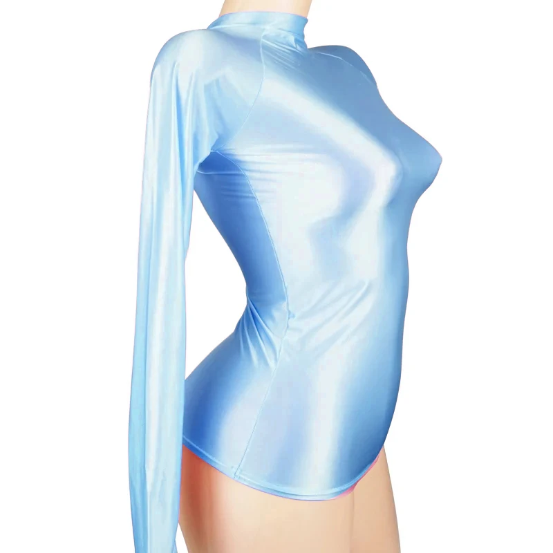 YAULAANG-Body brillante de manga larga para mujer, ropa deportiva brillante, traje de gimnasio con cuello alto, leotardos sexys, camisa de compresión, Top de baño