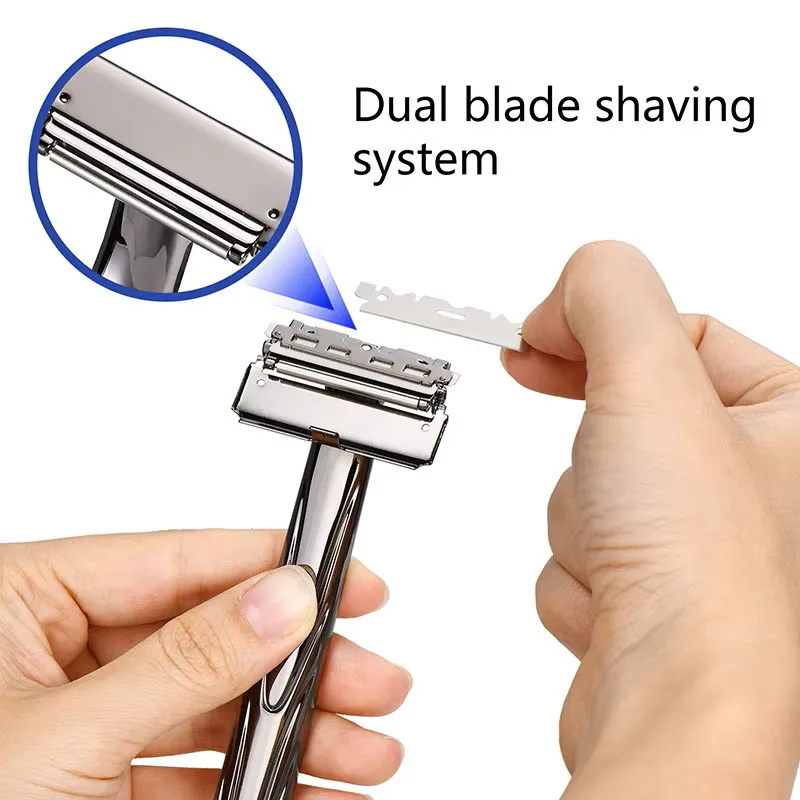 Maquinilla de Afeitar de Seguridad de Doble Hoja con Cabezal Pivotante, Maquinillas de Afeitar de Metal Reutilizables para Hombre con 10 Hojas y Soporte, Afeitado Suave y Limpio