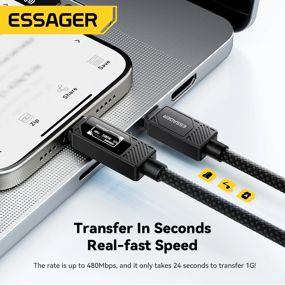 ESSAGER 100W Cable tipo C a C con pantalla Digital PD Cable de carga rápida para MacBook Pro/Air iPhone 16/15/14 iPad Cable USB C