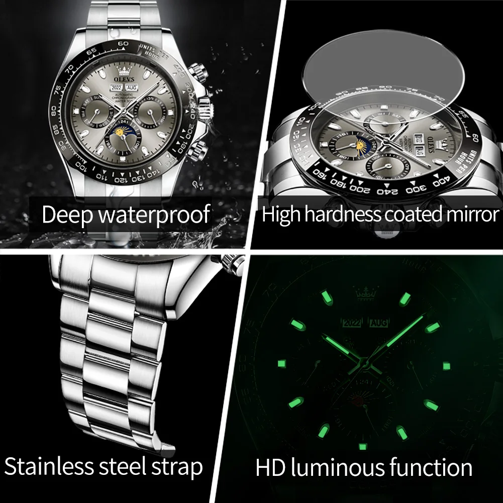 OLEVS 6654 reloj de lujo para hombre cronógrafo reloj de pulsera mecánico automático impermeable luminoso reloj de marca superior para hombre fecha deporte