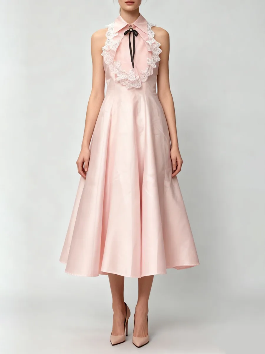 TWOTWINSTYLE, vestidos largos elegantes adelgazantes de encaje empalmado para mujer, vestido sin mangas con solapa de cintura alta con lazo de retales, vestido femenino nuevo