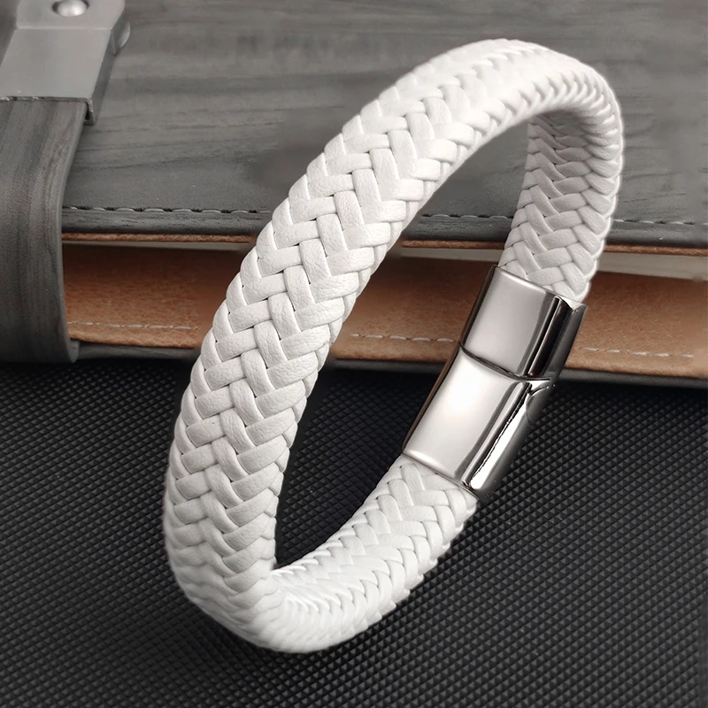 Pulsera trenzada de cuero blanco Simple a la moda, cierres de hebilla de acero inoxidable para hombres, brazalete hecho a mano, venta al por mayor, regalo de joyería