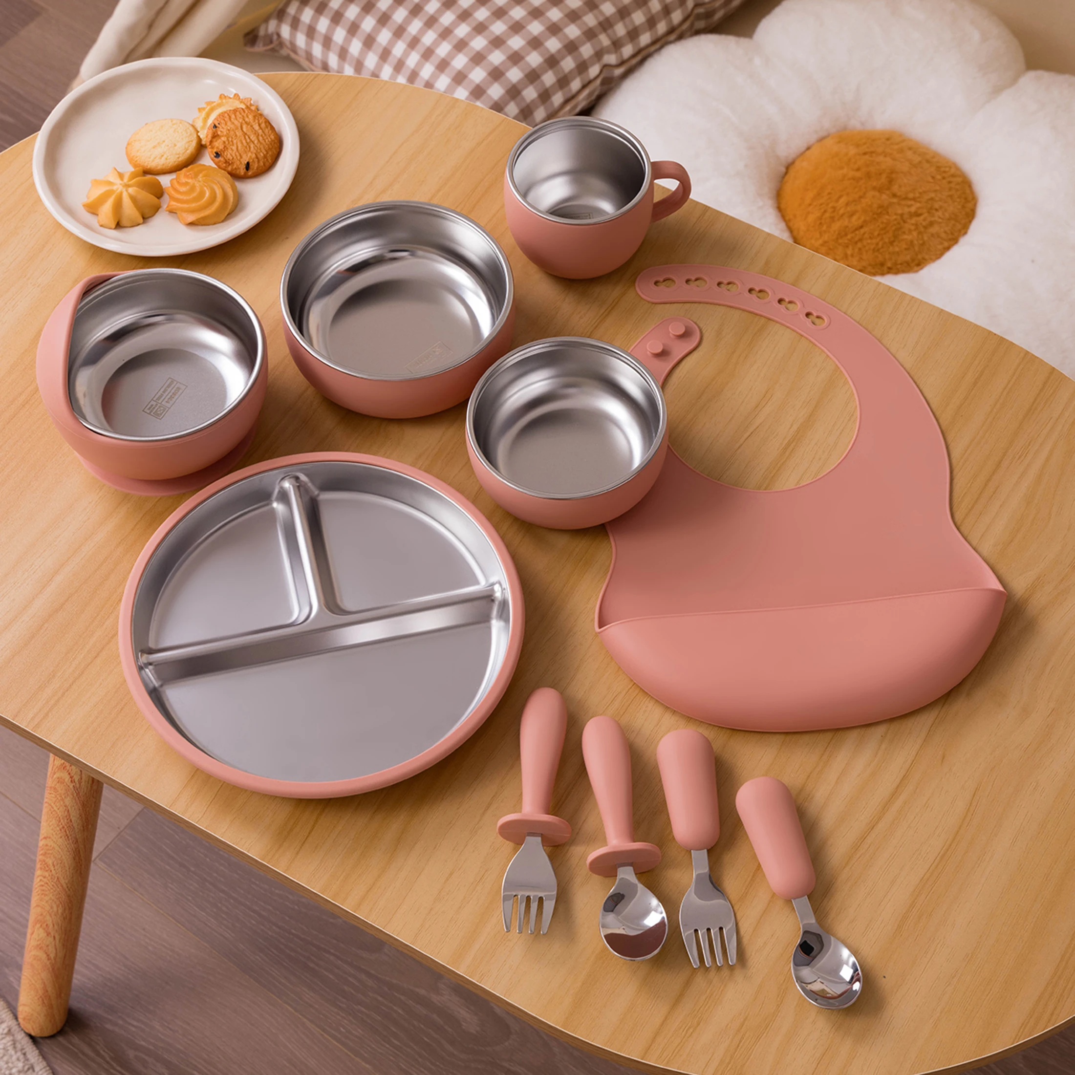 Juego de alimentación infantil de Color para niños, vajilla de silicona de acero inoxidable con plato y cuenco desmontable, utensilios de destete para bebé, 10 Uds.